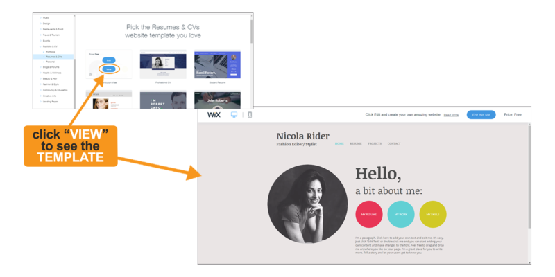 Wix template preview allows you to review a template before choosing an option. 