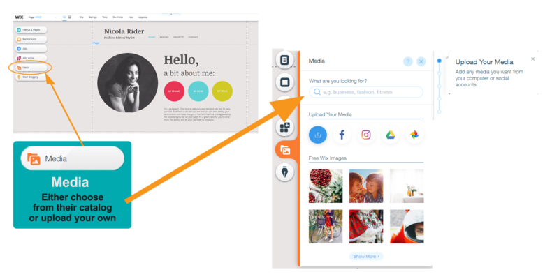 Add media to your website by either uploading your own or choosing from the Wix catalog. 